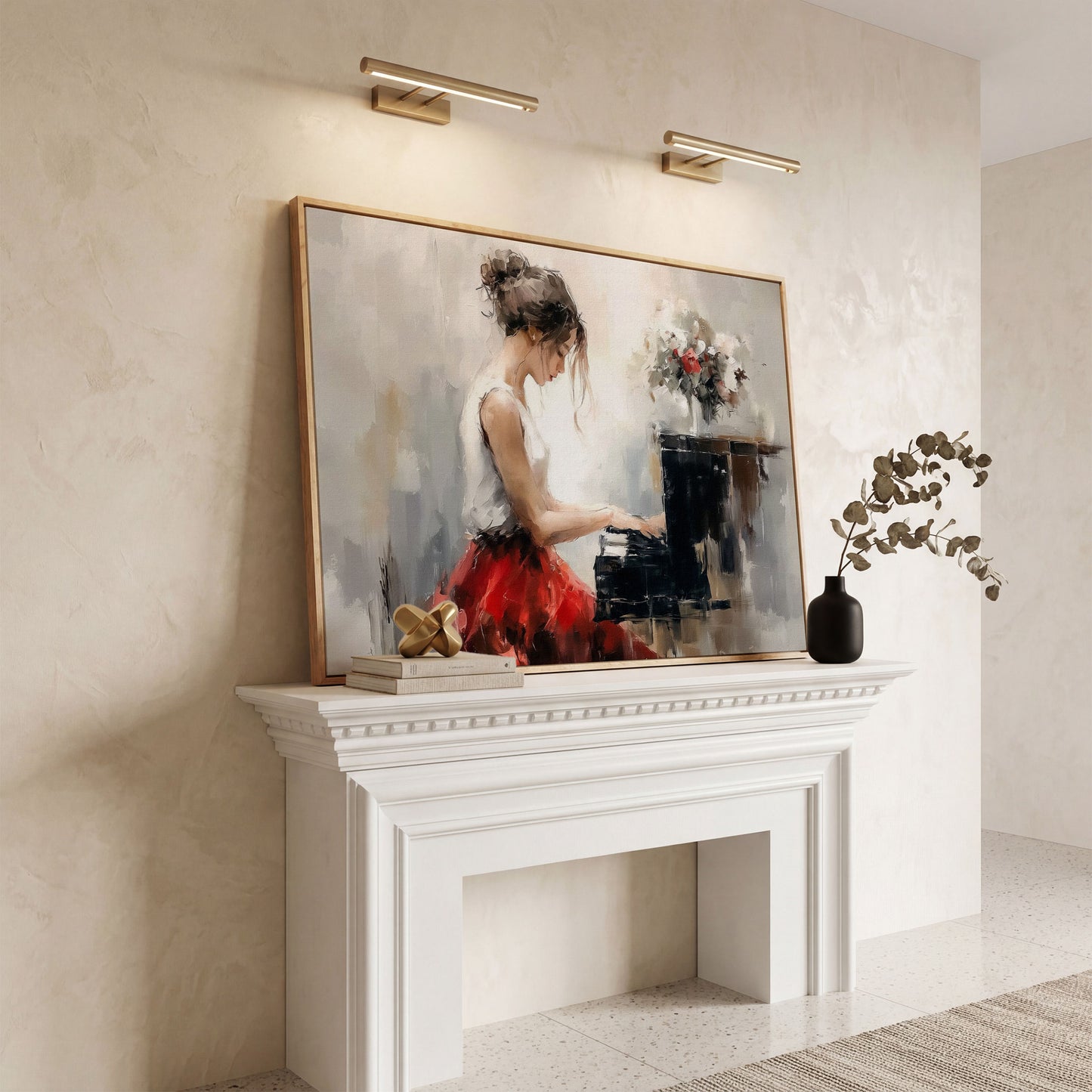 Young Woman at the Piano with Flowers Canvas Wall Art in white oak floating frame
