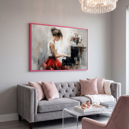 Young Woman at the Piano with Flowers Canvas Wall Art in pink floating frame