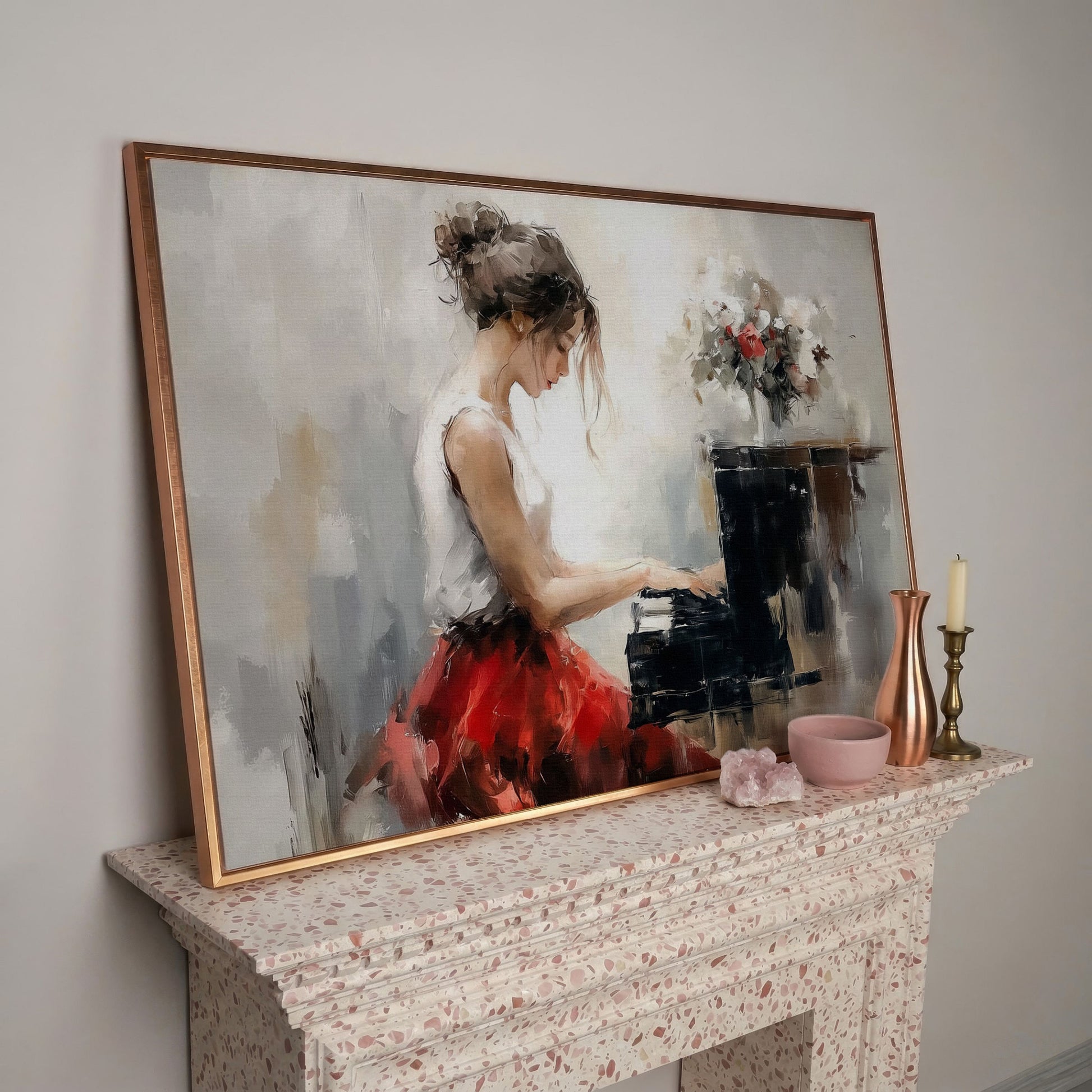 Young Woman at the Piano with Flowers Canvas Wall Art in rose gold floating frame