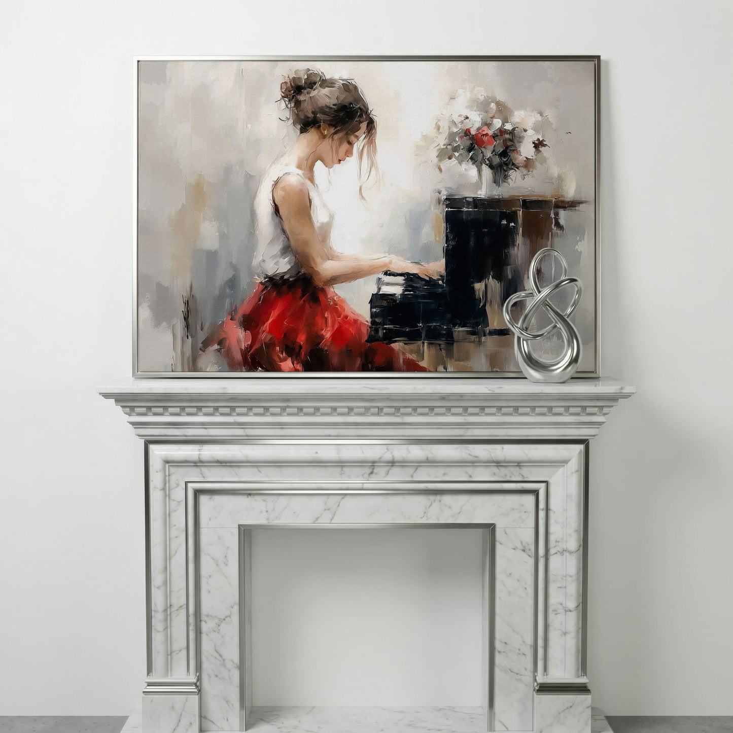 Young Woman at the Piano with Flowers Canvas Wall Art in silver floating frame