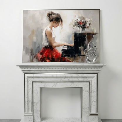 Young Woman at the Piano with Flowers Canvas Wall Art in silver floating frame
