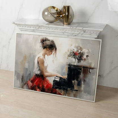 Young Woman at the Piano with Flowers Canvas Wall Art in white floating frame