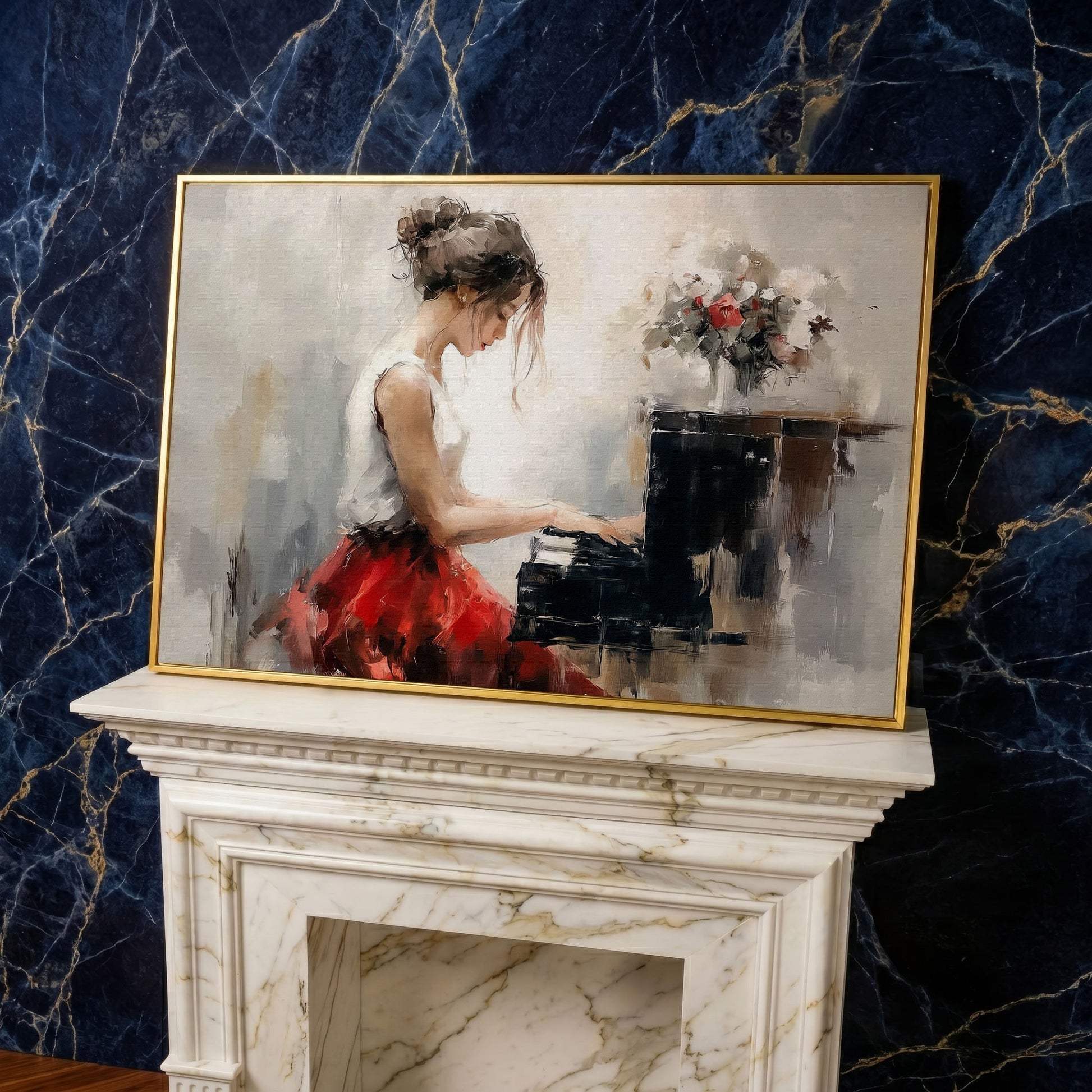 Young Woman at the Piano with Flowers Canvas Wall Art in yellow gold floating frame