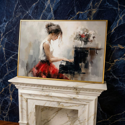 Young Woman at the Piano with Flowers Canvas Wall Art in yellow gold floating frame