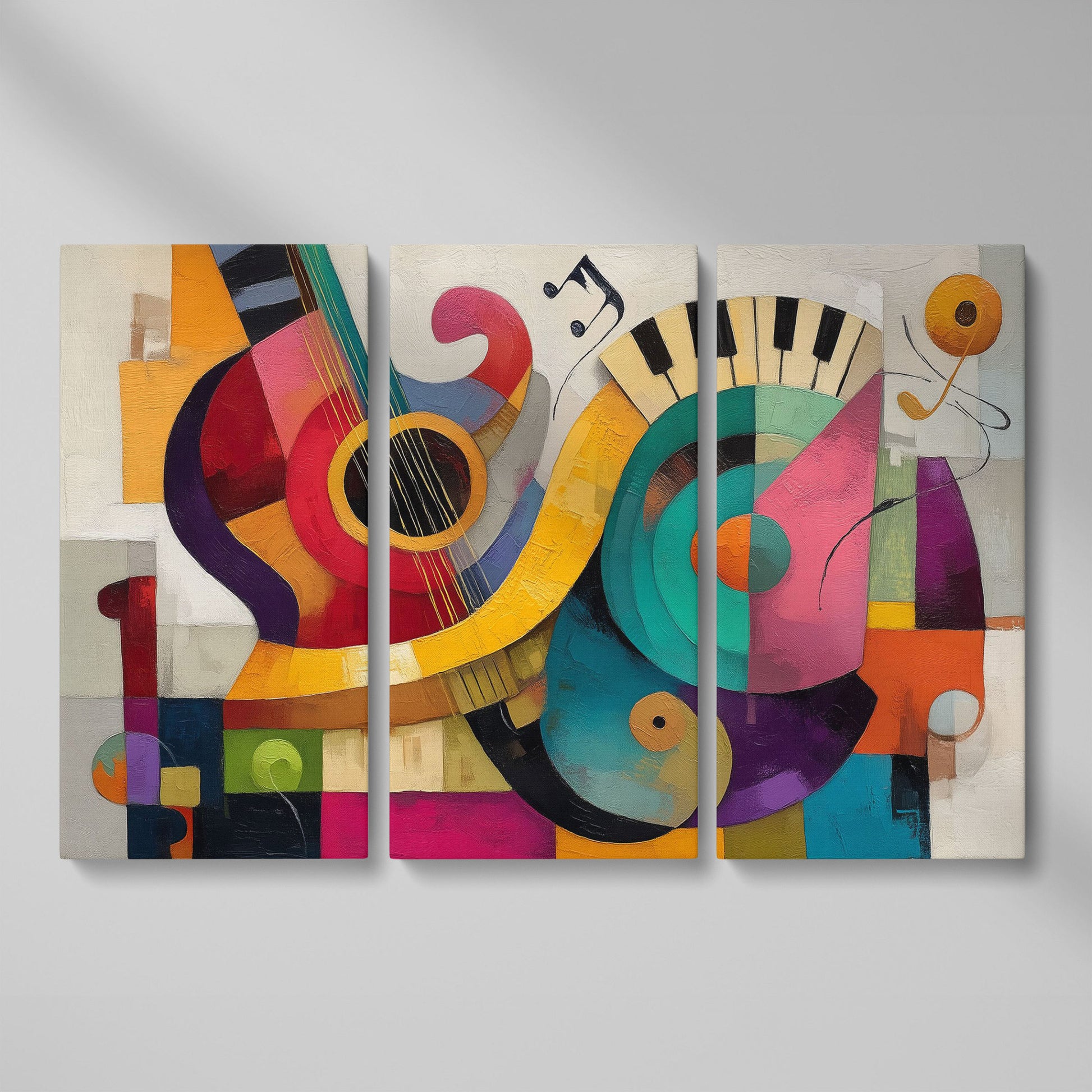Abstract Guitar and Piano Jazz Canvas Wall Art, Music Studio Decor as 3-panel split version