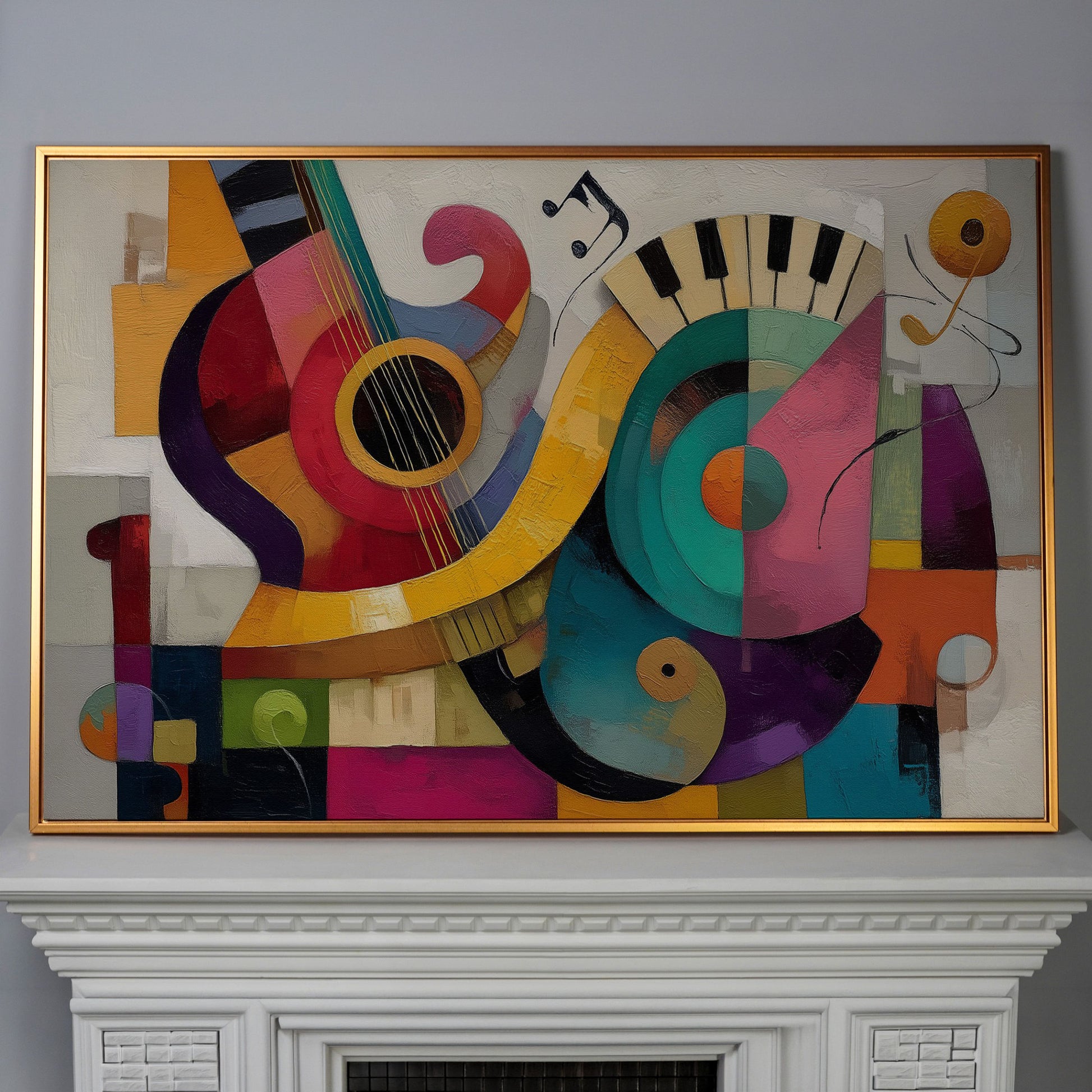 Abstract Guitar and Piano Jazz Canvas Wall Art, Music Studio Decor in antique gold floating frame