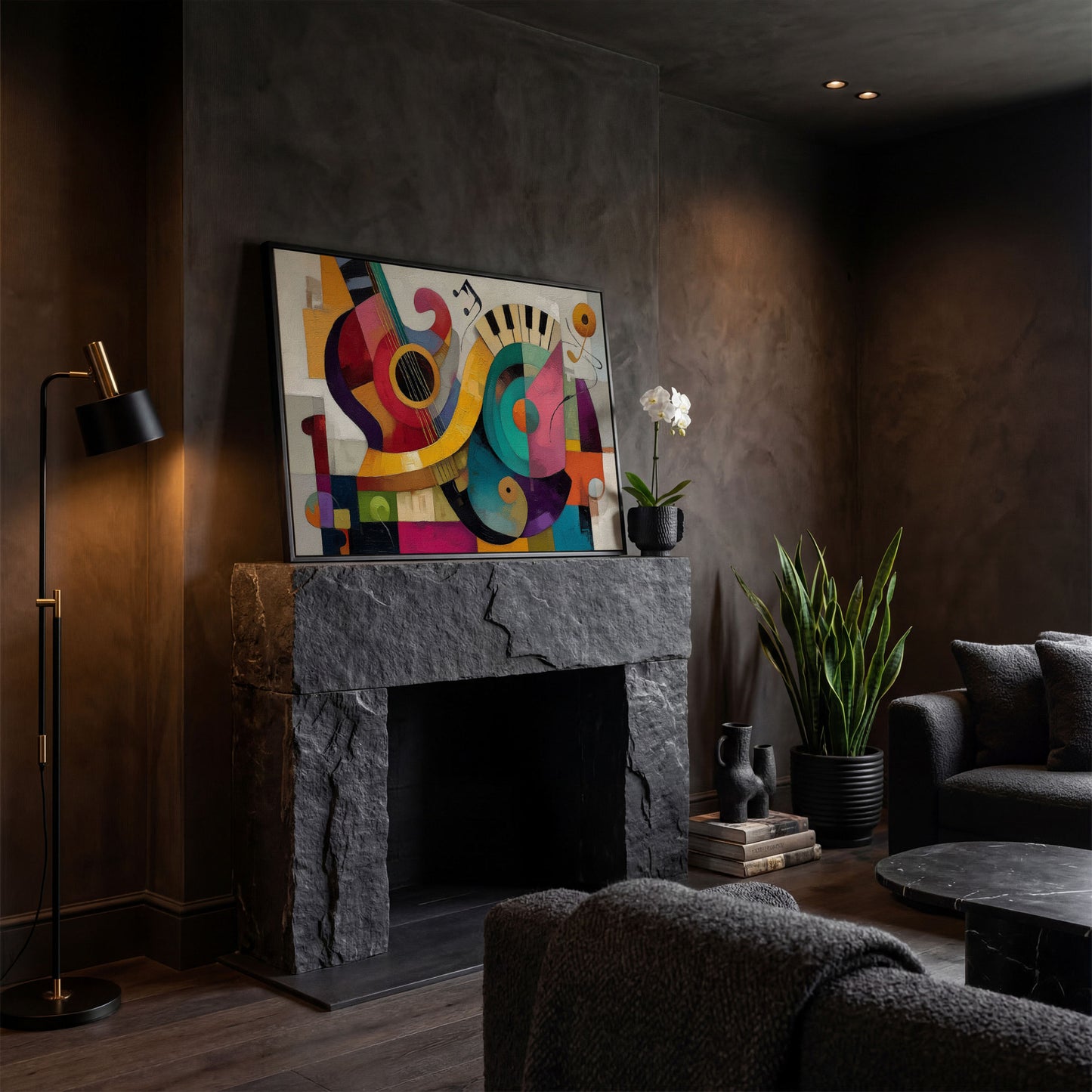 Abstract Guitar and Piano Jazz Canvas Wall Art, Music Studio Decor in black floating frame
