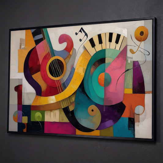 Abstract Guitar and Piano Jazz Canvas Wall Art, Music Studio Decor shown in black floating frame