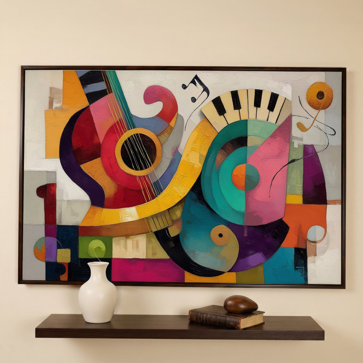 Abstract Guitar and Piano Jazz Canvas Wall Art, Music Studio Decor in dark walnut floating frame