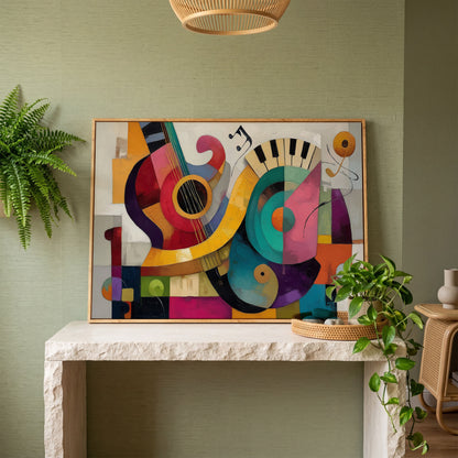 Abstract Guitar and Piano Jazz Canvas Wall Art, Music Studio Decor in white oak floating frame