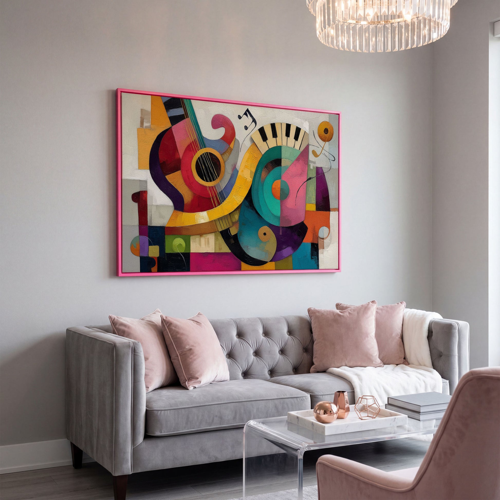 Abstract Guitar and Piano Jazz Canvas Wall Art, Music Studio Decor in pink floating frame