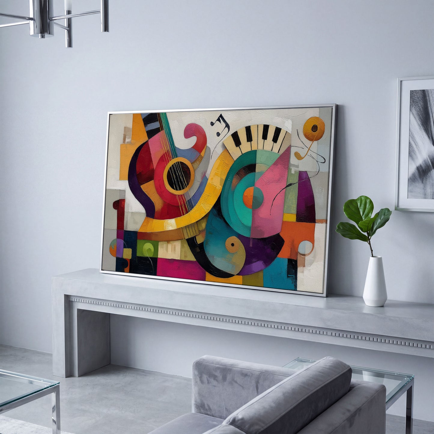 Abstract Guitar and Piano Jazz Canvas Wall Art, Music Studio Decor in silver floating frame