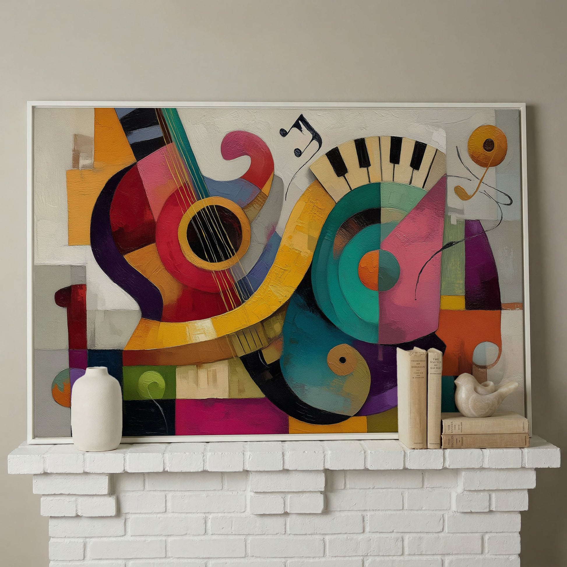 Abstract Guitar and Piano Jazz Canvas Wall Art, Music Studio Decor in white floating frame