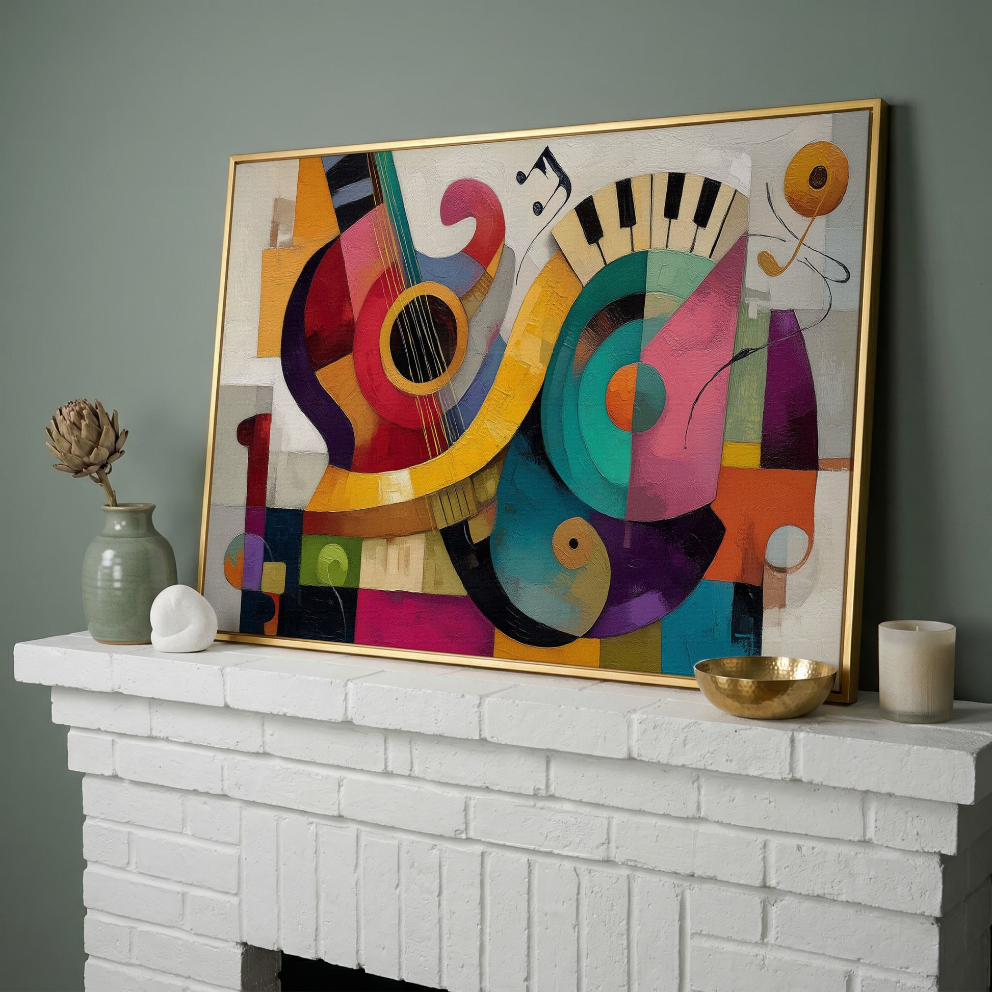 Abstract Guitar and Piano Jazz Canvas Wall Art, Music Studio Decor in yellow gold floating frame