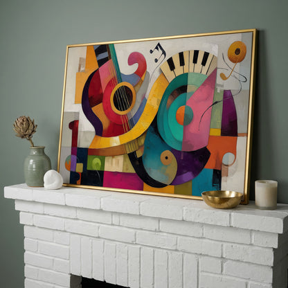 Abstract Guitar and Piano Jazz Canvas Wall Art, Music Studio Decor in yellow gold floating frame