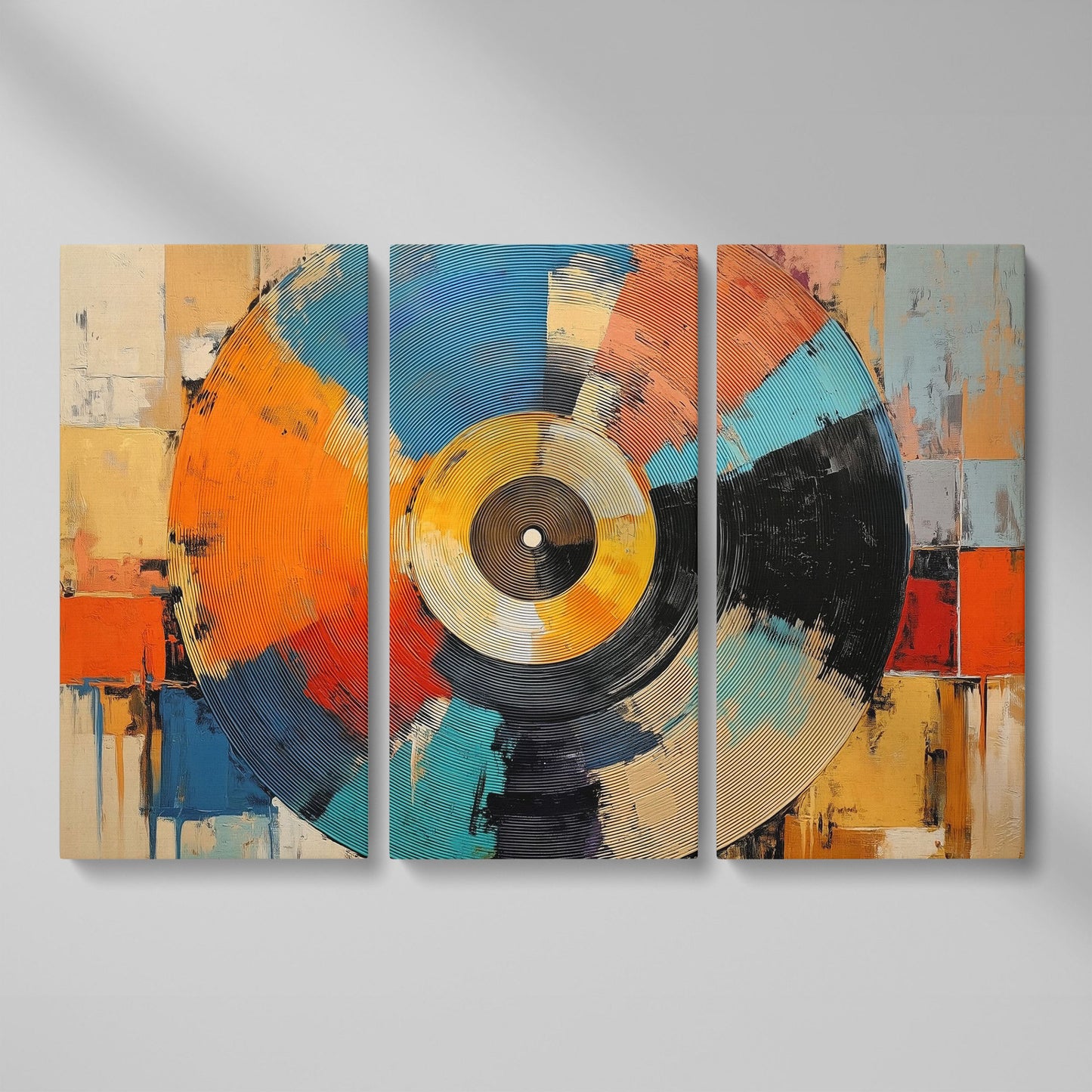 Abstract Vinyl Record Canvas Wall Art, Music Studio Decor as 3-panel split version