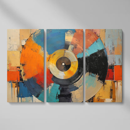 Abstract Vinyl Record Canvas Wall Art, Music Studio Decor as 3-panel split version