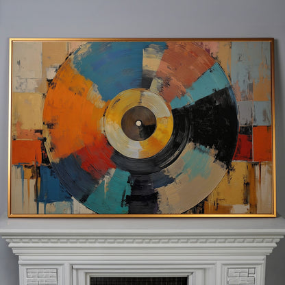Abstract Vinyl Record Canvas Wall Art, Music Studio Decor in antique gold floating frame