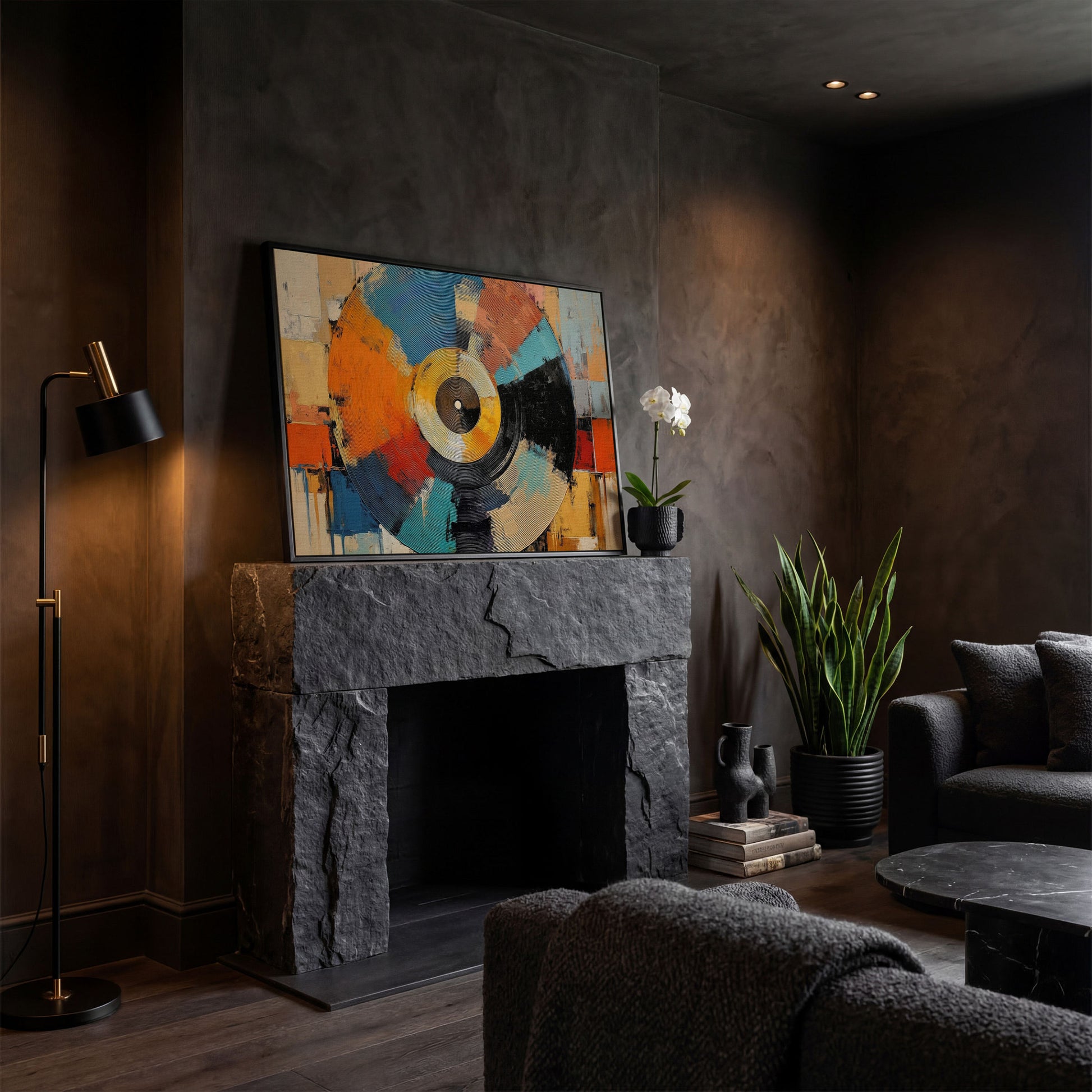 Abstract Vinyl Record Canvas Wall Art, Music Studio Decor in black floating frame