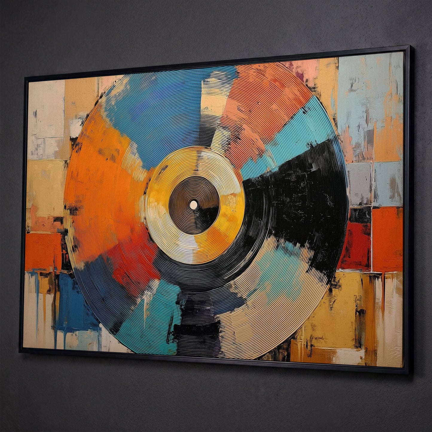 Abstract Vinyl Record Canvas Wall Art, Music Studio Decor shown in black floating frame
