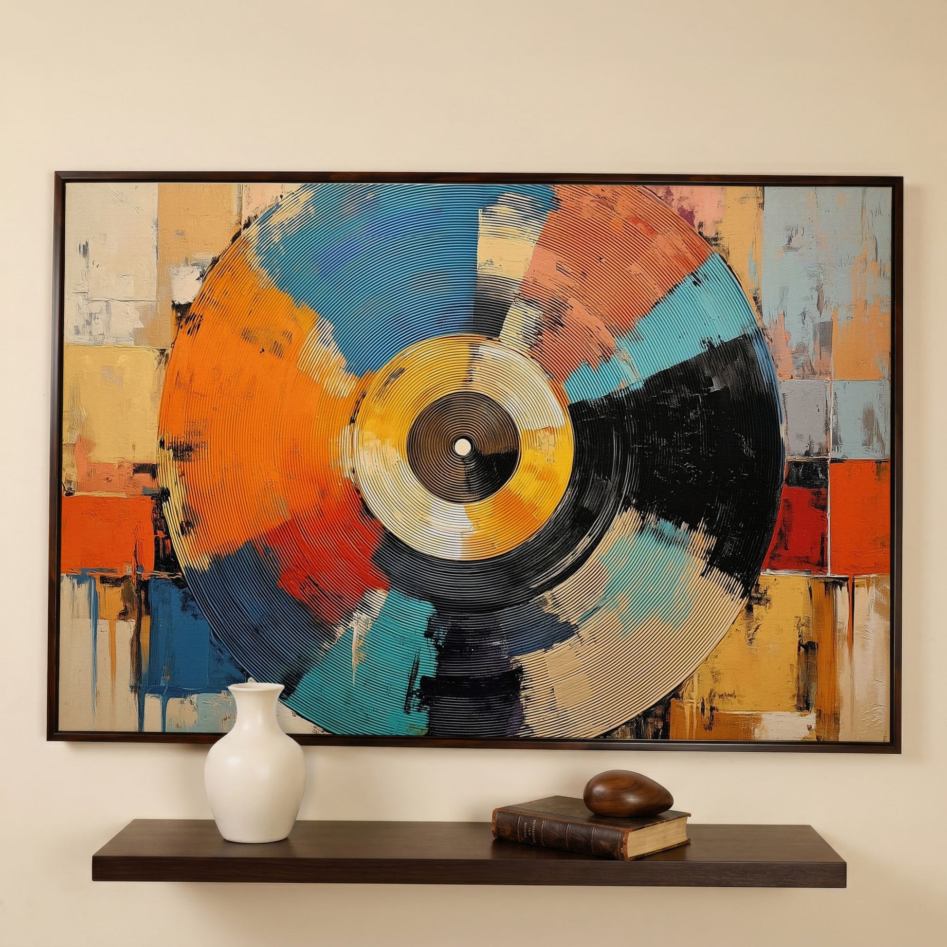 Abstract Vinyl Record Canvas Wall Art, Music Studio Decor in dark walnut floating frame