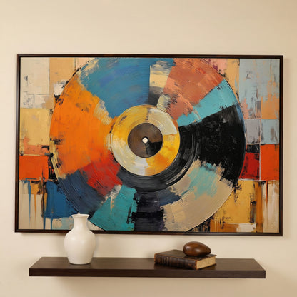 Abstract Vinyl Record Canvas Wall Art, Music Studio Decor in dark walnut floating frame
