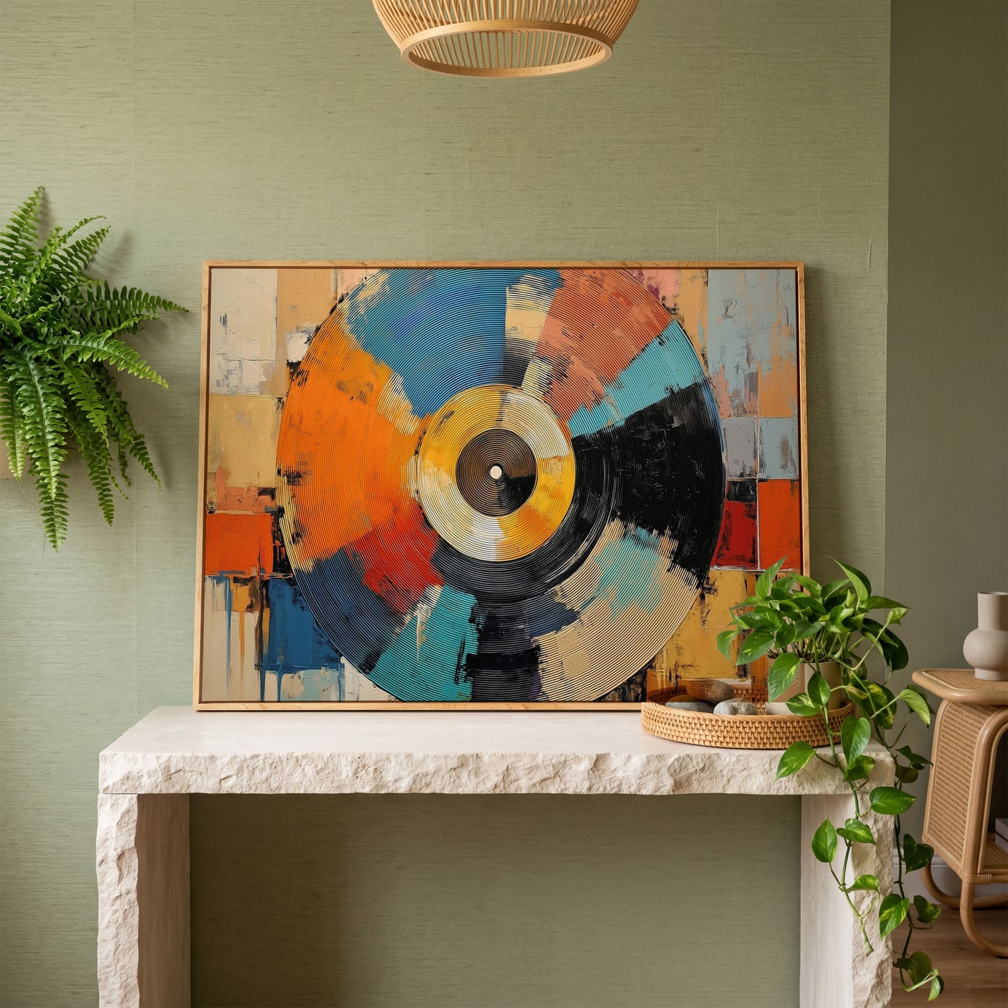 Abstract Vinyl Record Canvas Wall Art, Music Studio Decor in white oak floating frame