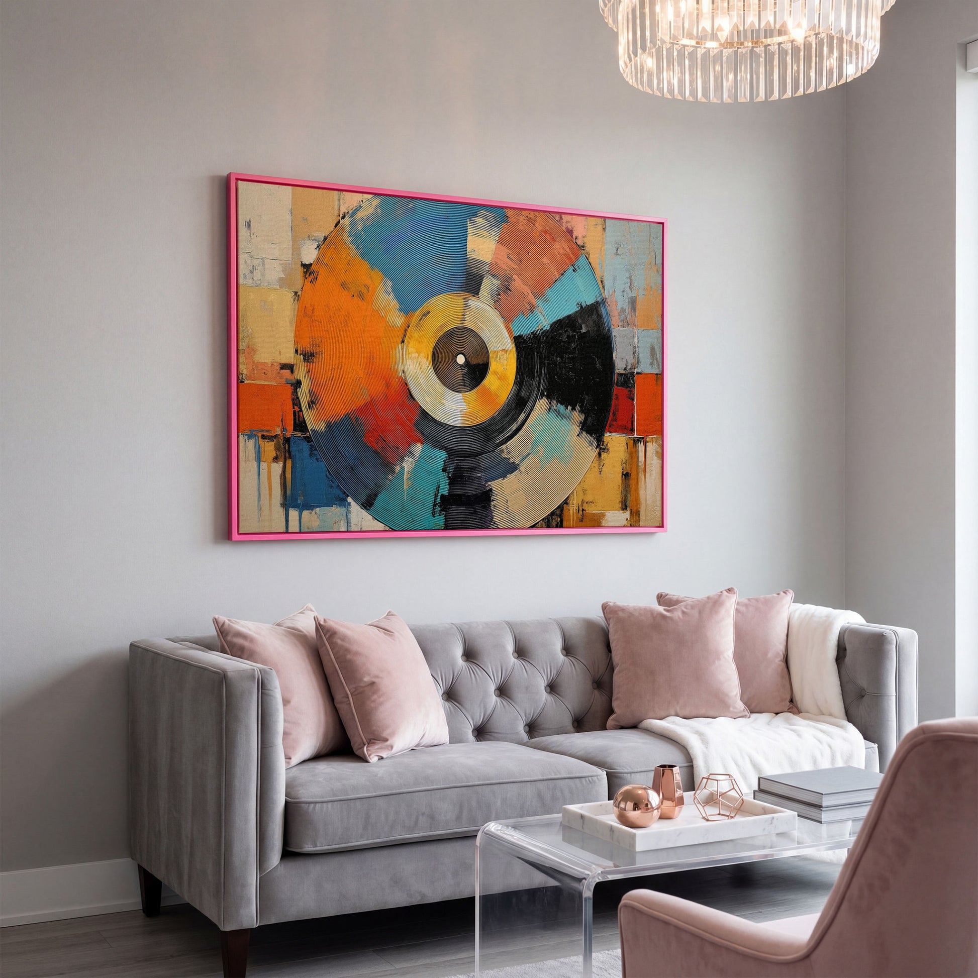 Abstract Vinyl Record Canvas Wall Art, Music Studio Decor in pink floating frame