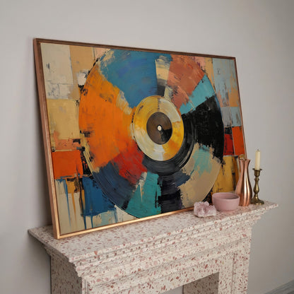 Abstract Vinyl Record Canvas Wall Art, Music Studio Decor in rose gold floating frame
