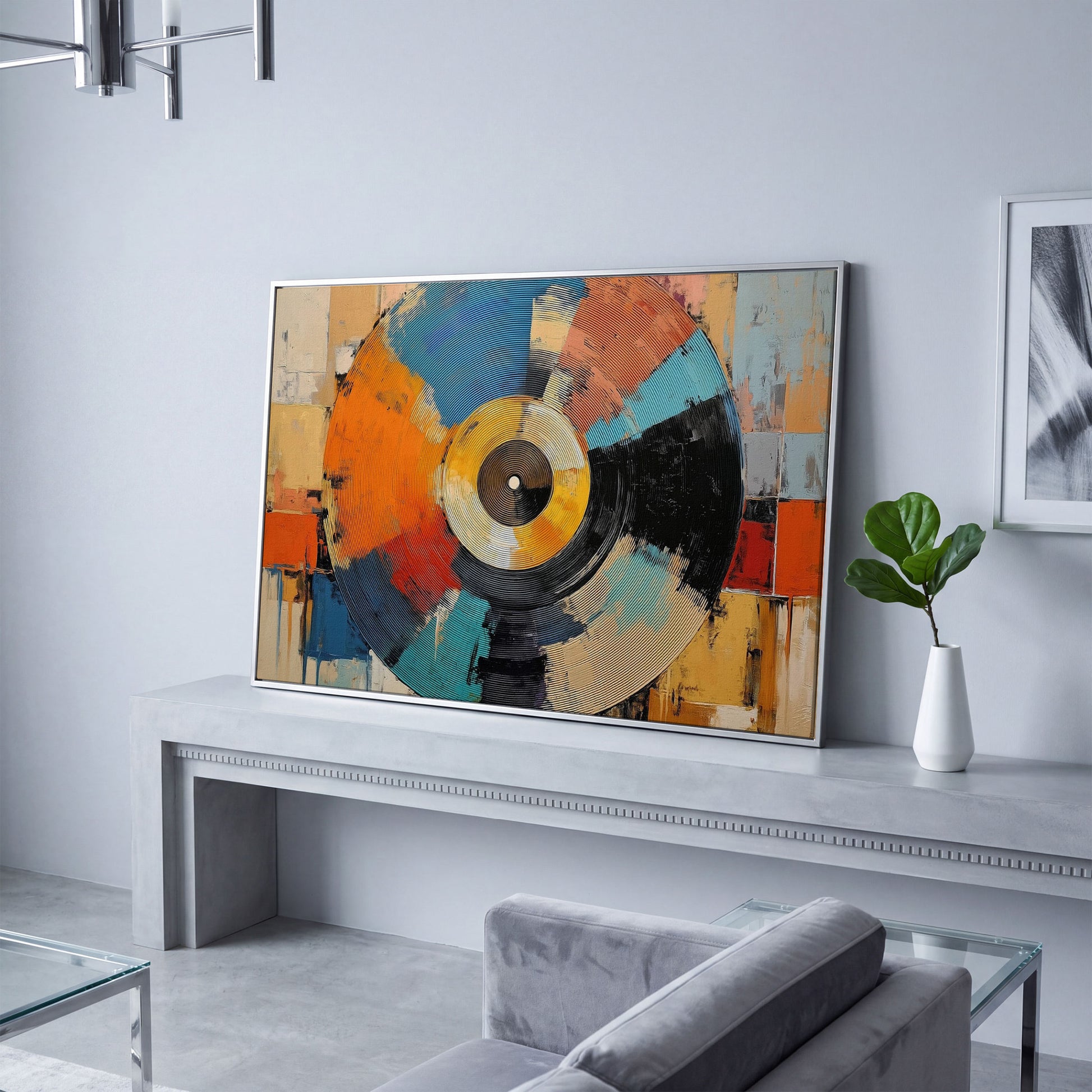 Abstract Vinyl Record Canvas Wall Art, Music Studio Decor in silver floating frame