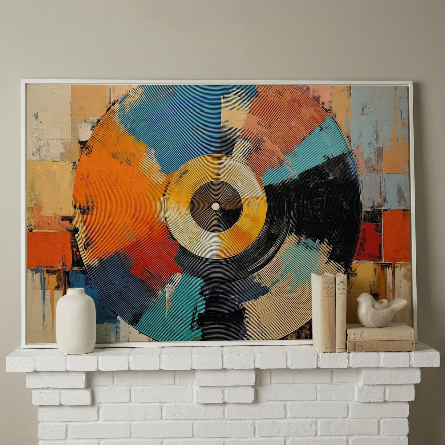 Abstract Vinyl Record Canvas Wall Art, Music Studio Decor in white floating frame