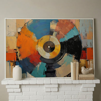 Abstract Vinyl Record Canvas Wall Art, Music Studio Decor in white floating frame