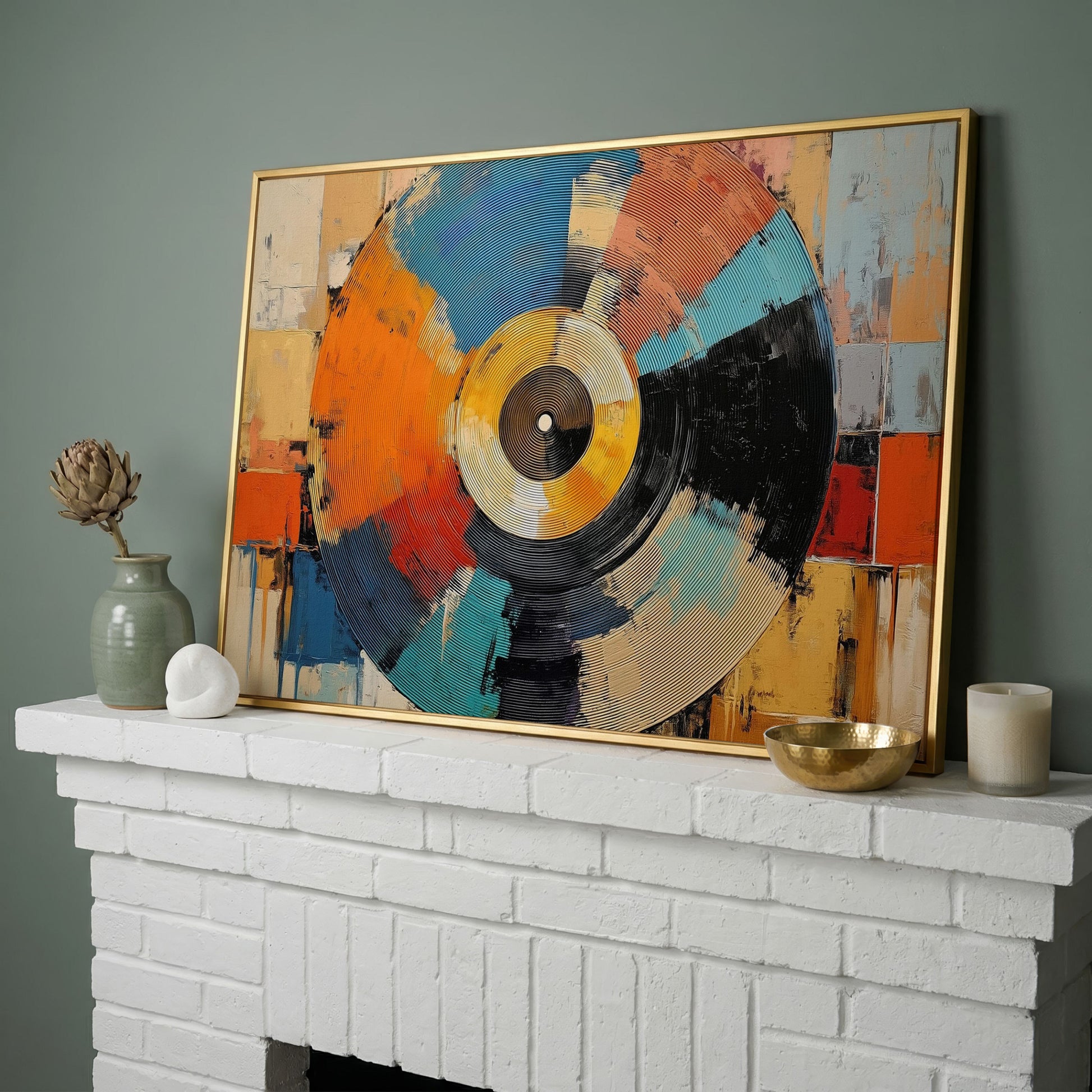 Abstract Vinyl Record Canvas Wall Art, Music Studio Decor in yellow gold floating frame