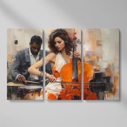 Cello and Drums: A Jazz Duo Canvas Wall Art as 3-panel split version