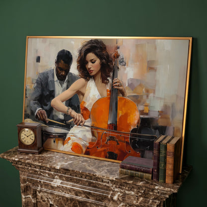 Cello and Drums: A Jazz Duo Canvas Wall Art in antique gold floating frame