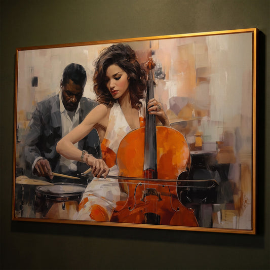 Cello and Drums: A Jazz Duo Canvas Wall Art shown in antique gold floating frame