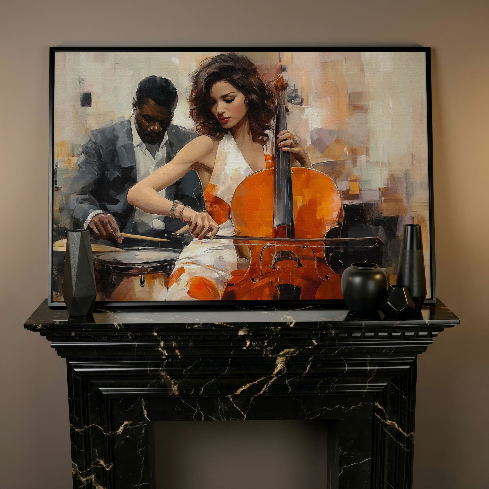 Cello and Drums: A Jazz Duo Canvas Wall Art in black floating frame