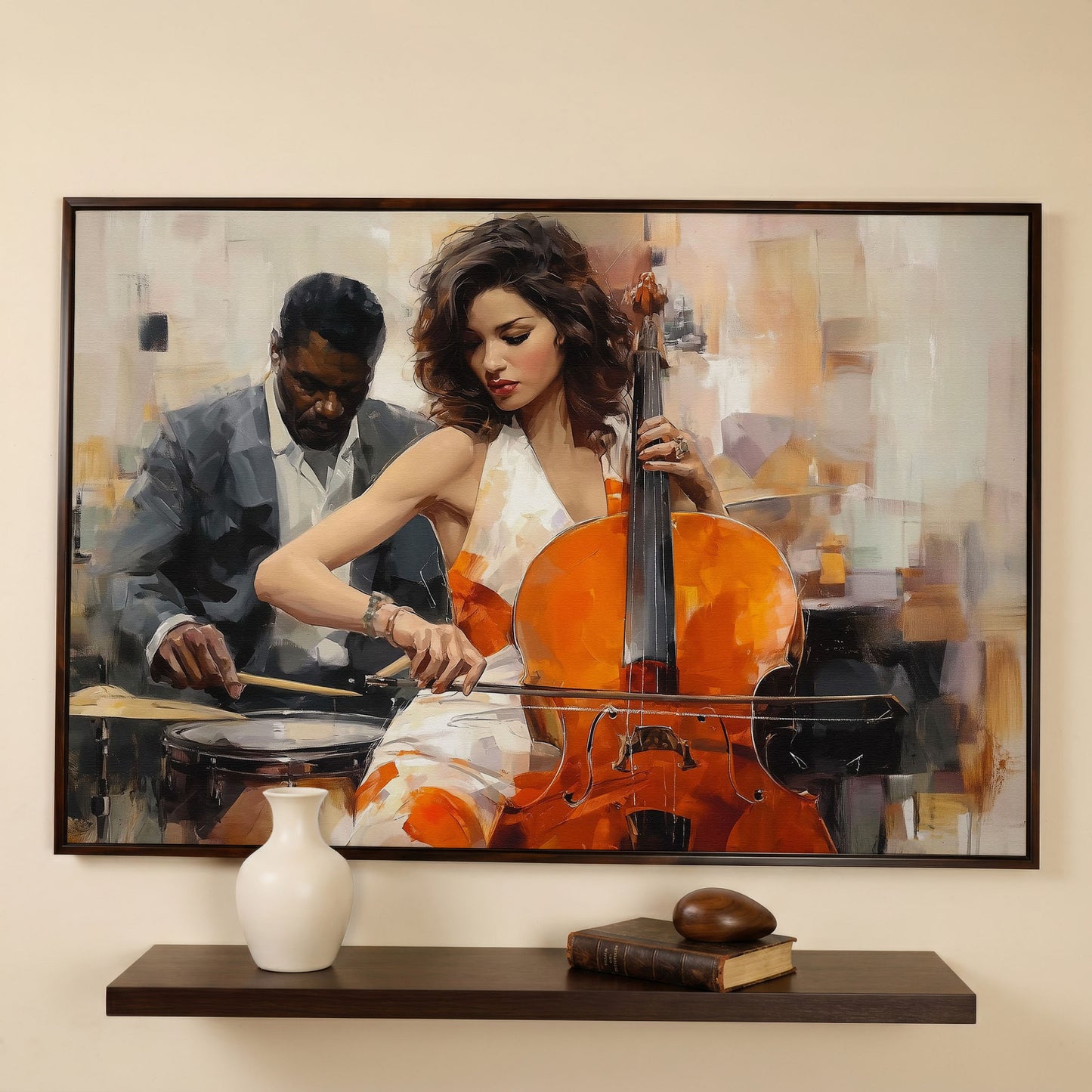 Cello and Drums: A Jazz Duo Canvas Wall Art in dark walnut floating frame