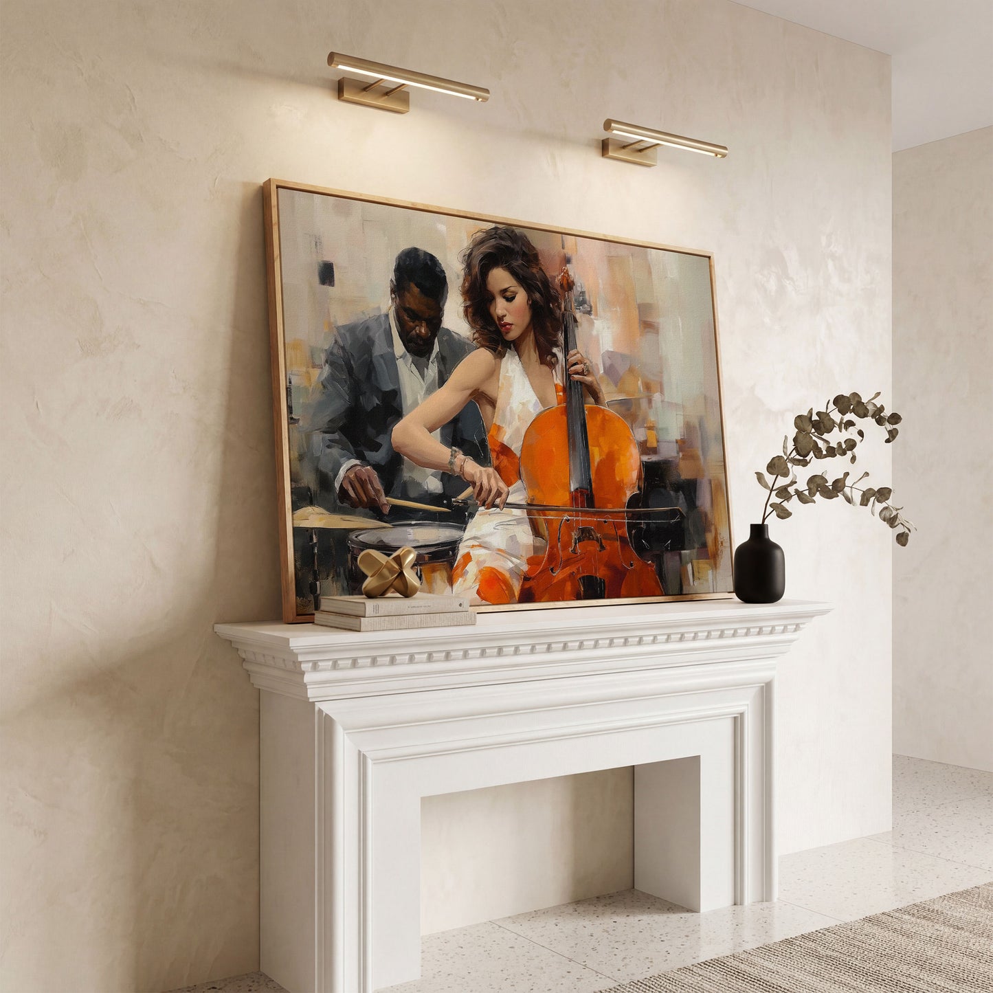 Cello and Drums: A Jazz Duo Canvas Wall Art in white oak floating frame