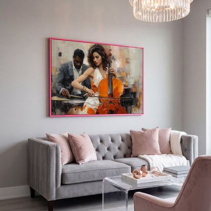 Cello and Drums: A Jazz Duo Canvas Wall Art in pink floating frame