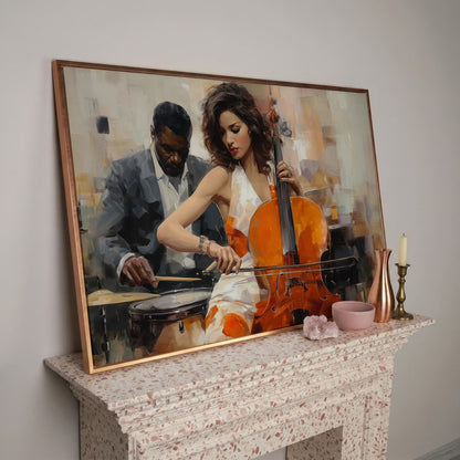 Cello and Drums: A Jazz Duo Canvas Wall Art in rose gold floating frame