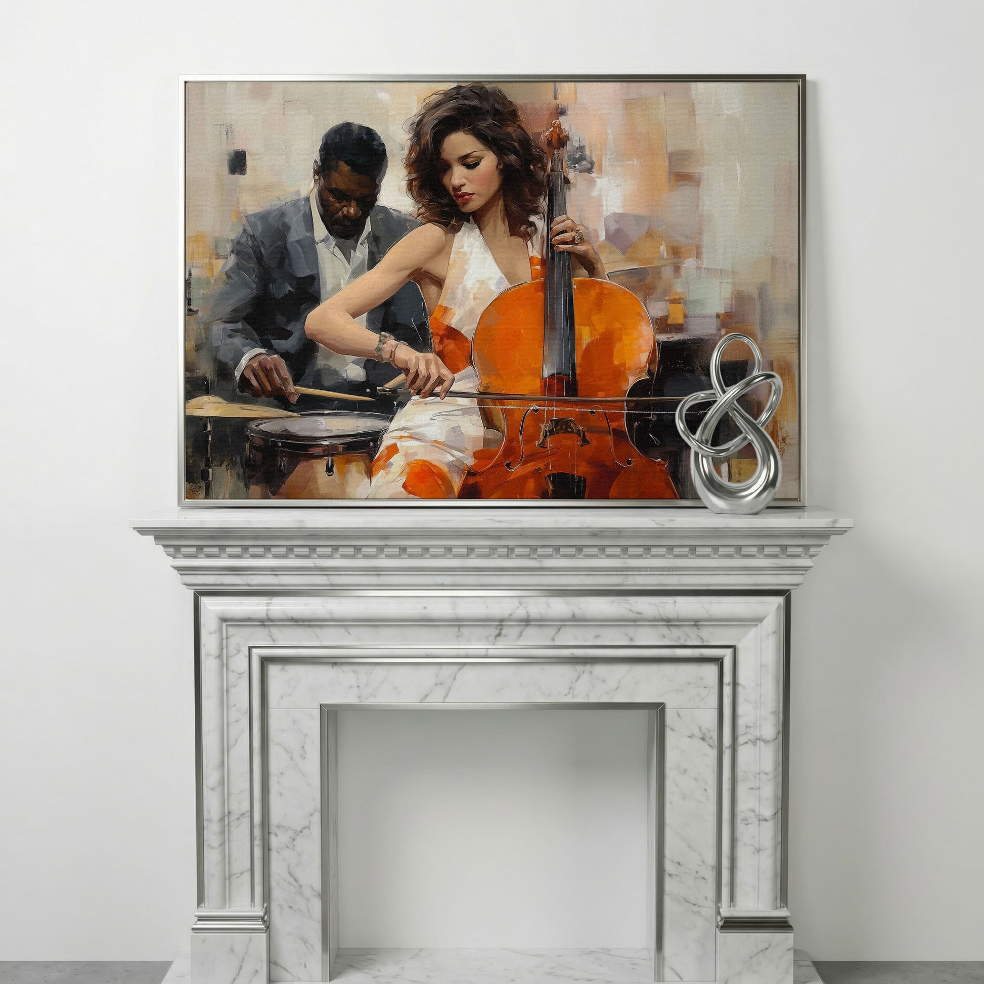Cello and Drums: A Jazz Duo Canvas Wall Art in silver floating frame
