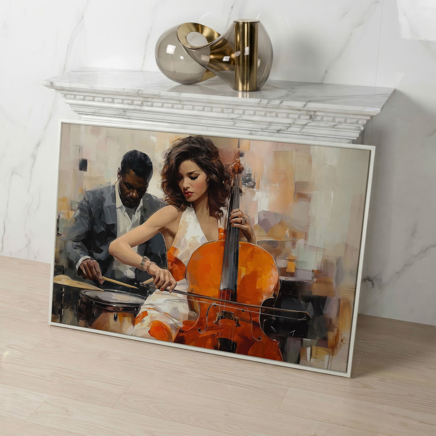 Cello and Drums: A Jazz Duo Canvas Wall Art in white floating frame