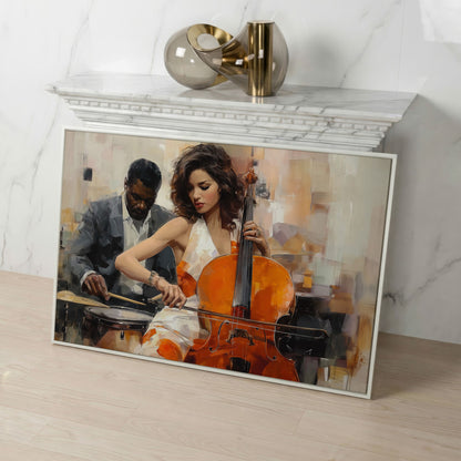 Cello and Drums: A Jazz Duo Canvas Wall Art in white floating frame