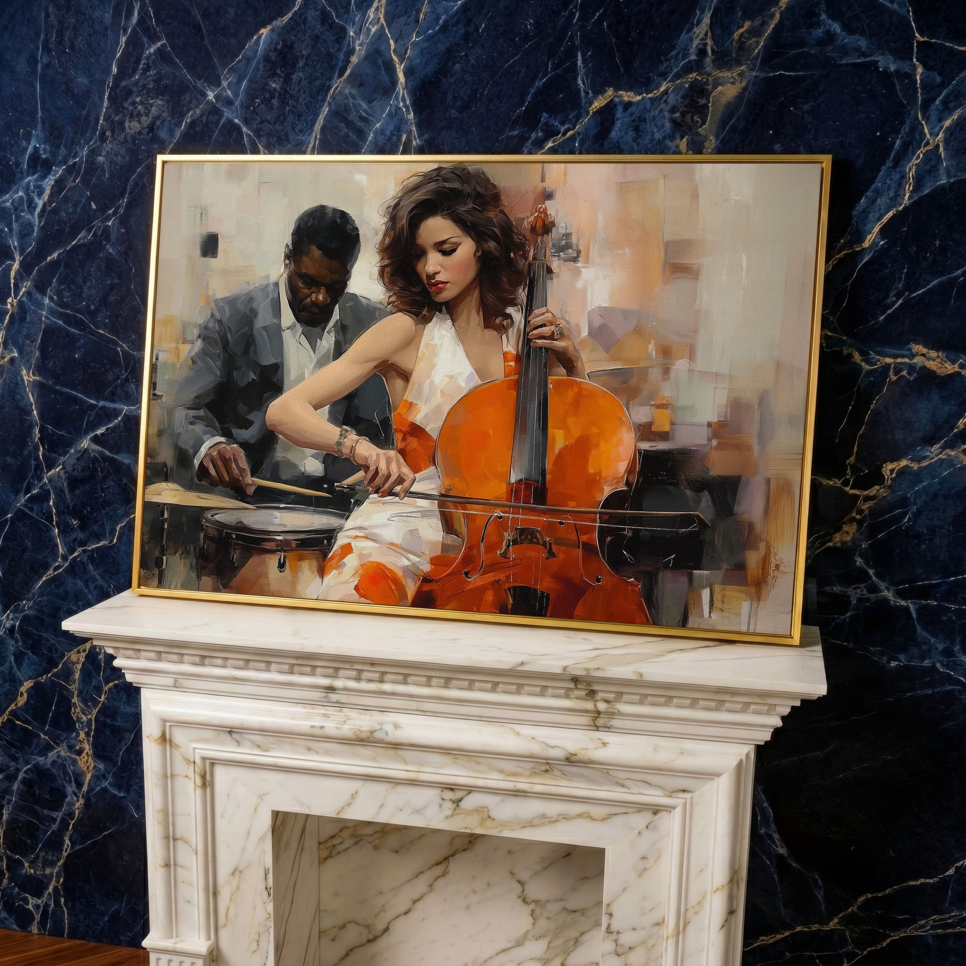 Cello and Drums: A Jazz Duo Canvas Wall Art in yellow gold floating frame
