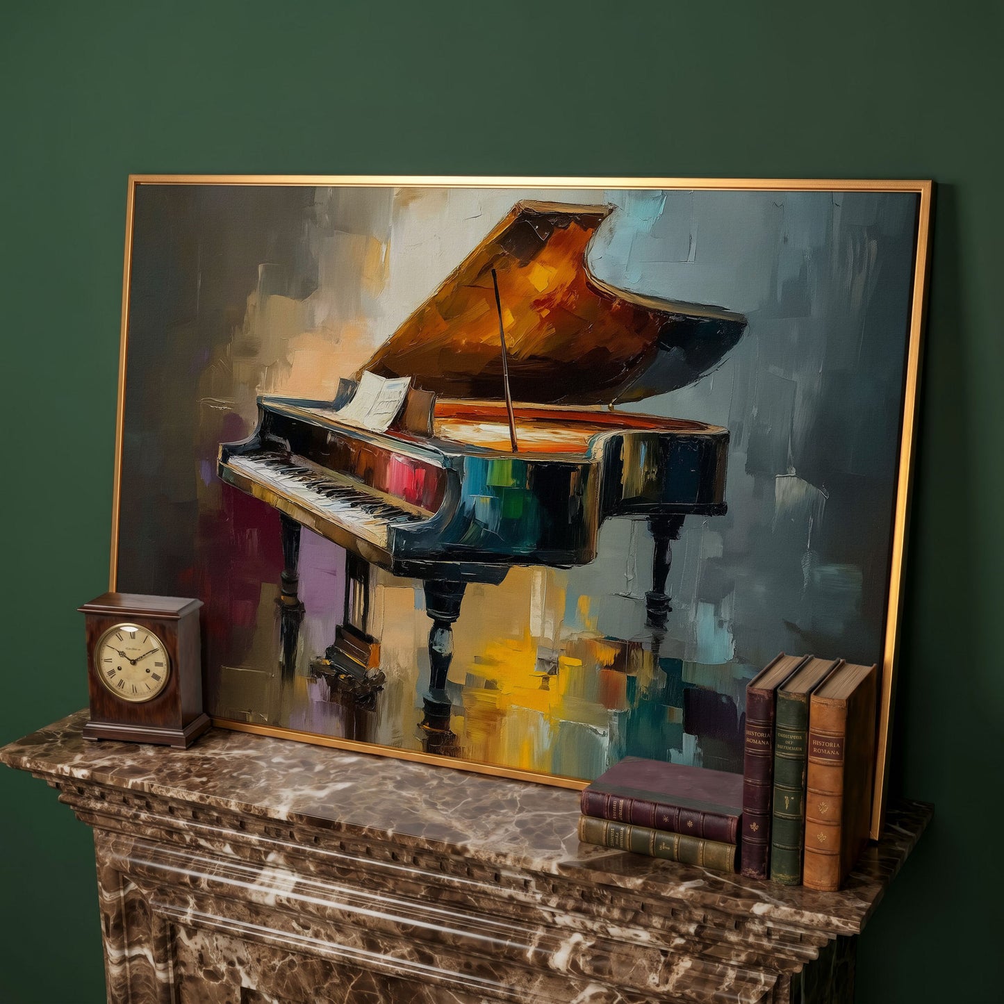 Grand Piano and Sheet Music Canvas Wall Art in antique gold floating frame