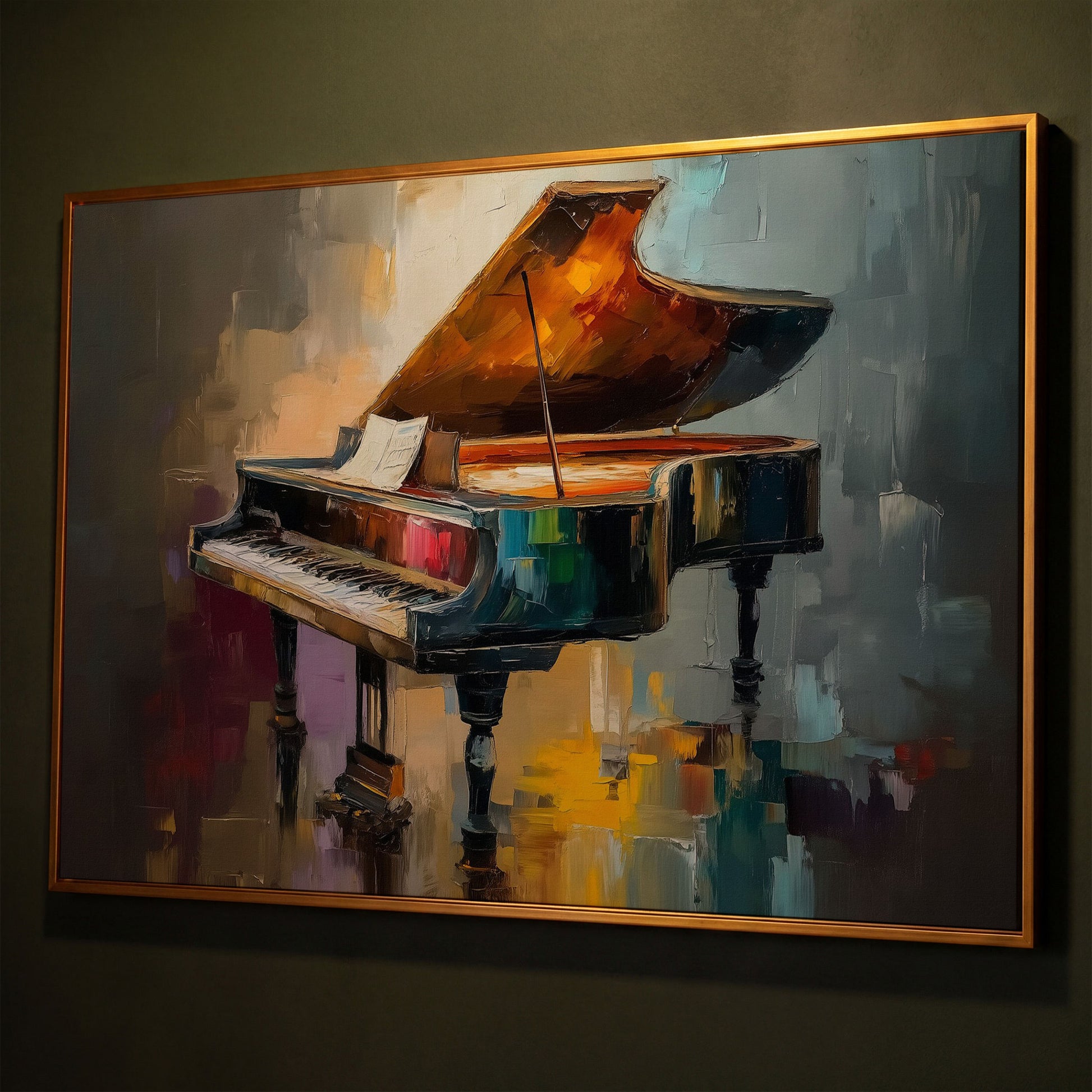 Grand Piano and Sheet Music Canvas Wall Art shown in antique gold floating frame