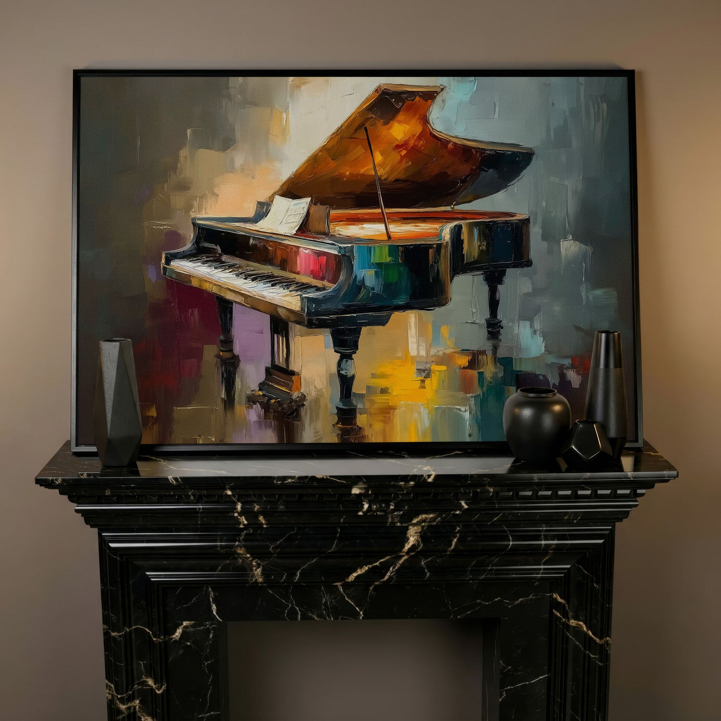 Grand Piano and Sheet Music Canvas Wall Art in black floating frame