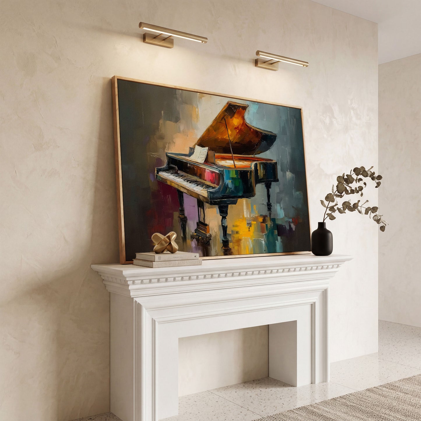 Grand Piano and Sheet Music Canvas Wall Art in white oak floating frame