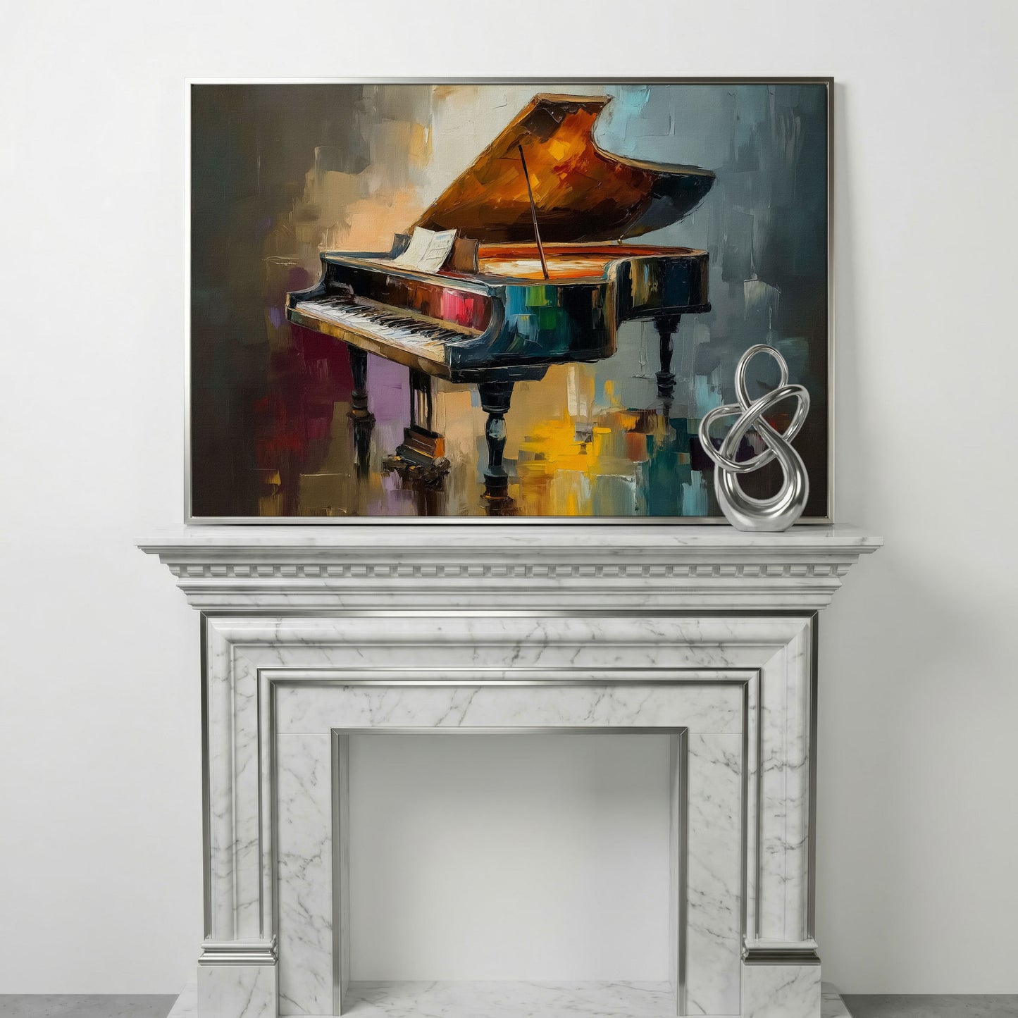 Grand Piano and Sheet Music Canvas Wall Art in silver floating frame